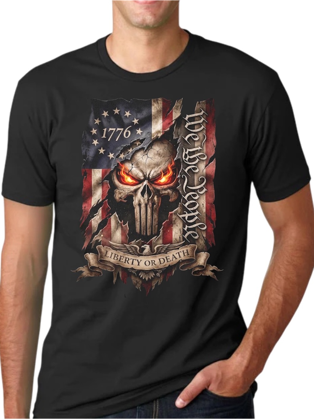 1776 We The People Skull Patriot T-Shirt Liberty Or Death USA Flag Tee